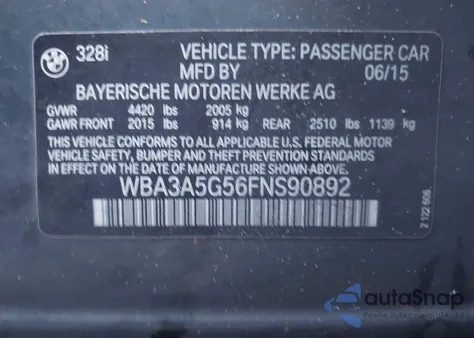 2015 BMW 328I from USA, damaged, VIN WBA3A5G56FNS90892